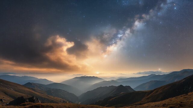 Warm nebula haze drifting across soft flare reflections with glowing clouds and serene space depth