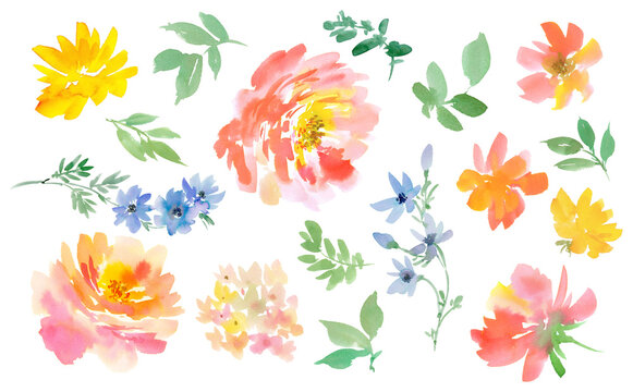 Floral PNG clipart set with abstract hand painted watercolor summer roses and wild flowers for pattern, greeting card, wedding invitation and surface design