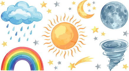 Watercolor Weather and Sky Collection with Sun Moon Rainbow Cloud Tornado and Stars Vector Illustration Set © Mst RAFIYA