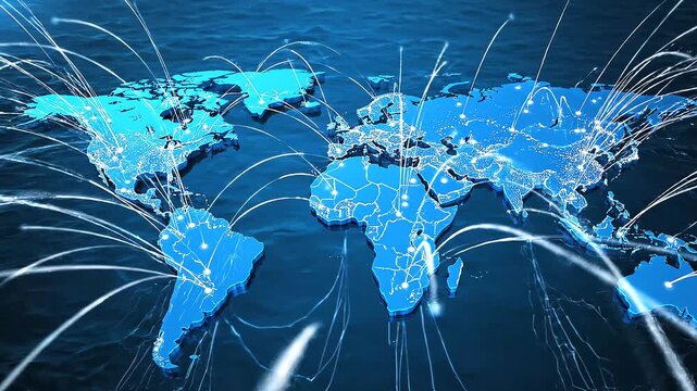 Global Network and Communication Concept World Map with Flowing Light Streaks Showcasing Connectivity and Data Exchange