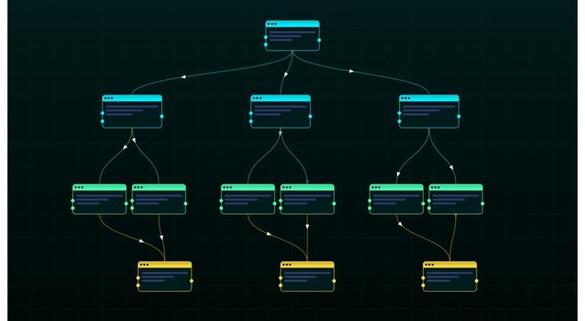 Animated hierarchical data flow chart on dark animation