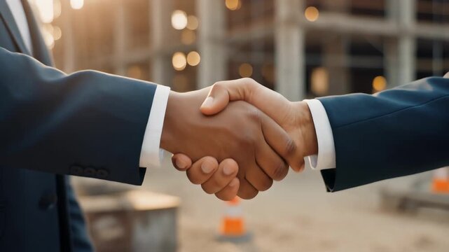 Handshake Deal Close up Business People Shake Hands on a Construction Site Sealing a New Partnership for Investment and Development