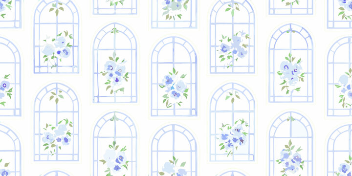 blue flowers in arched window frames pattern