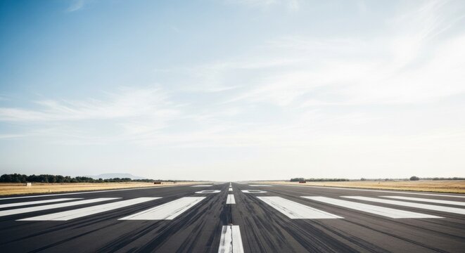 Wide angle low perspective view of an empty asphalt airport runway with white painted threshold markings and tire skid marks stretching toward the horizon under a clear sky.
