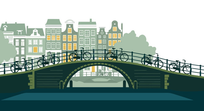 Historic arched bridge with bicycles and cityscape backdrop.