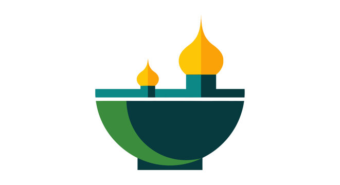 Illustrated decorative oil lamp with glowing flames inside.