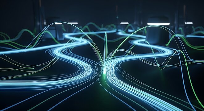 Abstract Digital Network - Futuristic Data Flow Visualization in Dark Environment.