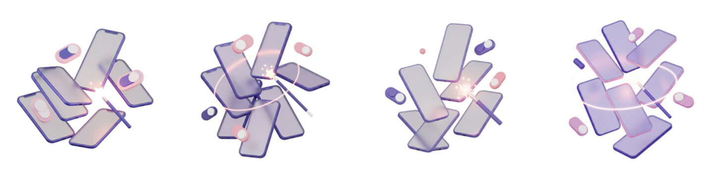 Floating 3d smartphones with magic wand and toggle switches isolated