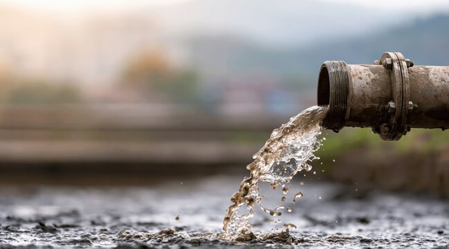 Muddy water pouring from metal pipe into sludge