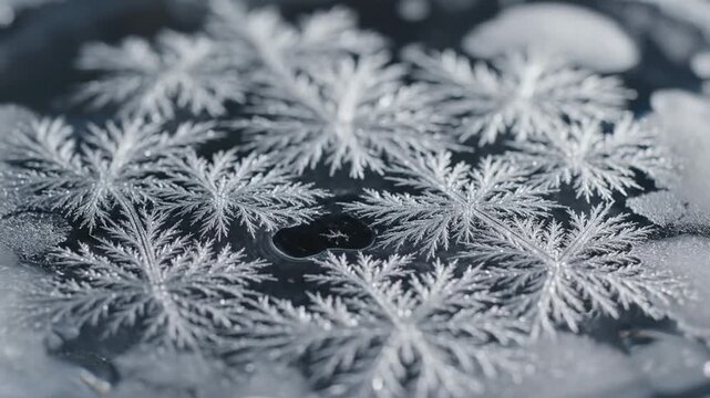 Macro shot of water freezing gradually to form intricate crystalline edges and frost structures on a liquid surface, showing detailed ice formation and dendritic growth process.