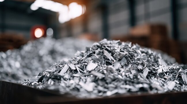Pile of silver metal shavings in industrial manufacturing facility