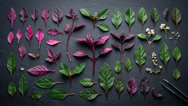 Assorted Green and Purple Leaves Knolling Flat Lay on Black Slate Background, Alternanthera Ficoidea Herbal Plant Specimen Botanical Pattern