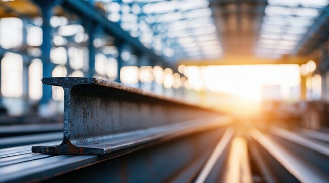 Steel i-beam close up in industrial warehouse with sunset light