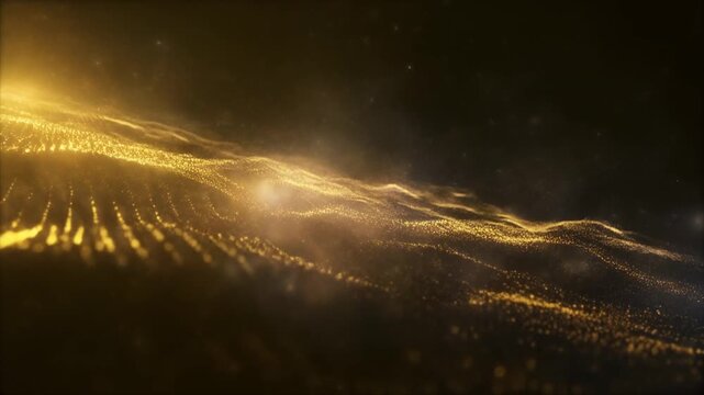 Hyper slow dust cloud drifting through glowing waves with soft particles and tranquil space depth