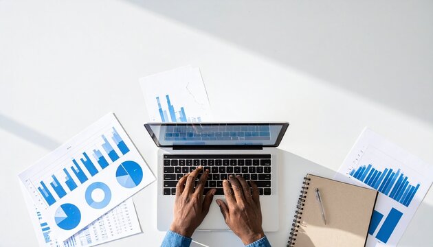 Laptop user analyzing charts with business data visualization overlay