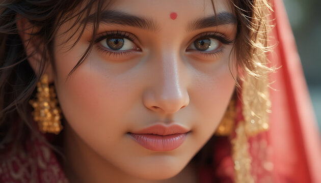 Closeup portrait of a young woman with brown eyes and red bindi on her forehead wearing gold earrings and a red sari with intricate patterns