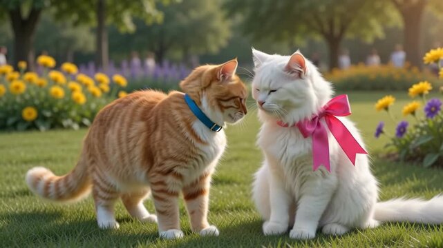 Cute orange tabby cat walking up to kiss a fluffy white cat with pink bow in sunny spring garden. Animal love concept
