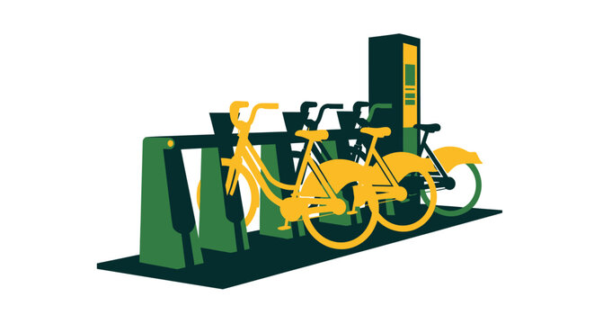 Yellow shared bicycles at automated docking station setup.