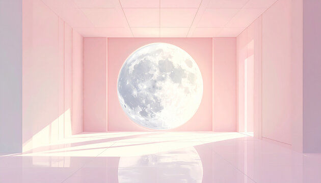 Large moon in pink room with shiny floor and sunbeams