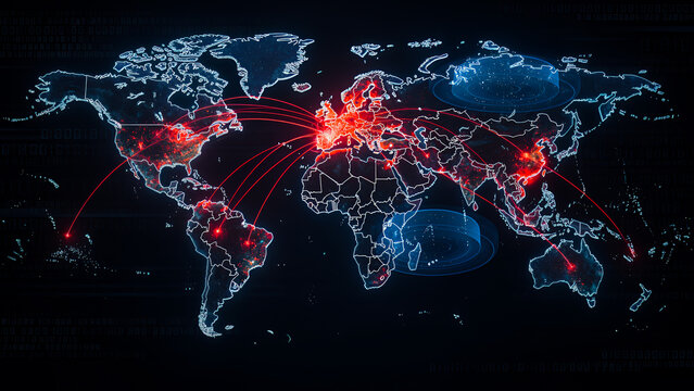 Visualization of an ongoing global cyber attack, a dark glowing 3D world map in dark blue, Dozens of animated attack vectors are shown as bright red curved lines.