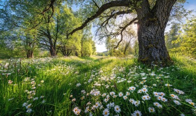 Naklejka premium Sunlit field of daisies with large tree providing shade and leafy trees in the back