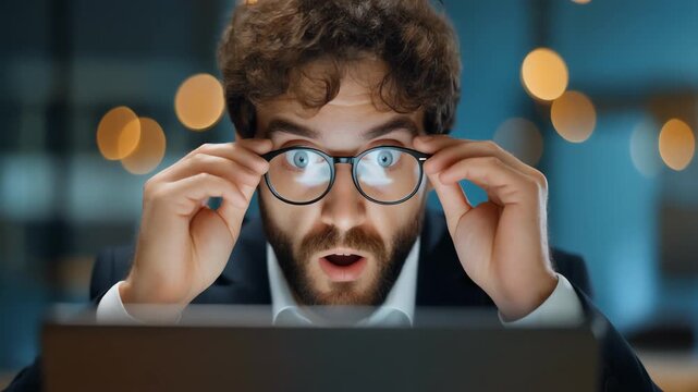 Surprised Businessman Staring at Laptop Removing Glasses in Shock Expressive Reaction Cinematic Close up and Unexpected Revelation