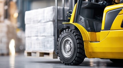 Naklejka premium Yellow forklift carrying heavy pallet in industrial warehouse