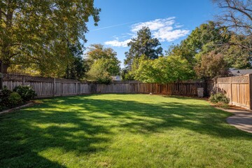 Fototapeta premium Sunlit green lawn with wooden fence border and trees under a blue sky with clouds