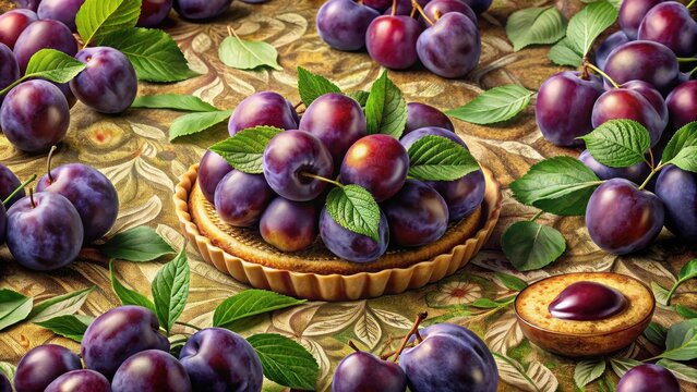 Digital art of purple plums with pastry and leaves on patterned background