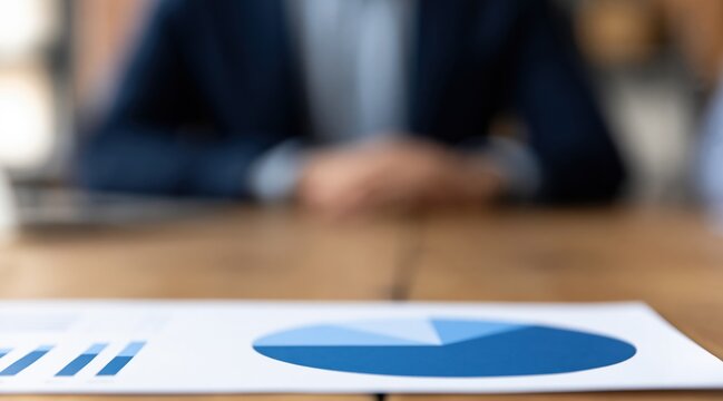 Close up of business document with charts on wooden table and blurred man in background
