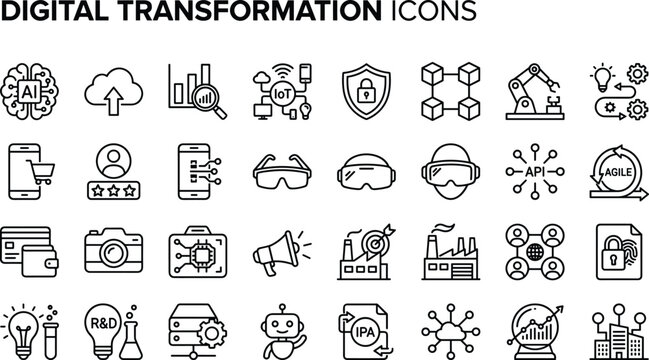 Digital Transformation Icon Set With AI Cloud Automation Cybersecurity Mobile Technology And Business Innovation Symbols