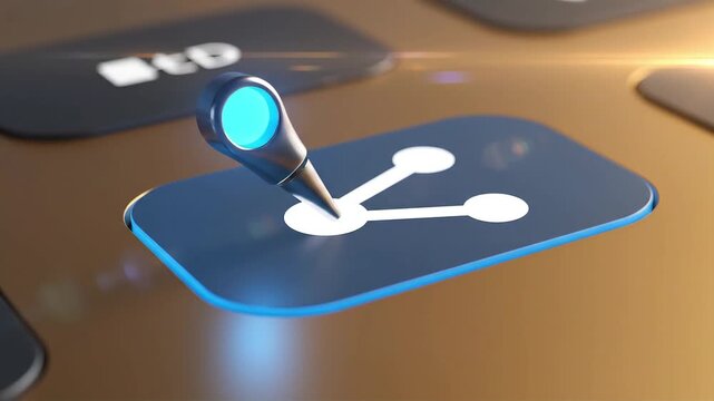 Share icon activation animation featuring a digital glowing pointer selecting a social media connection button in 3D motion footage