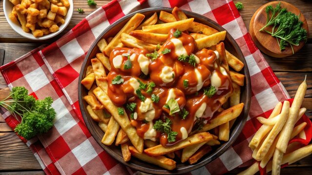 Top view of canada day party food with poutine