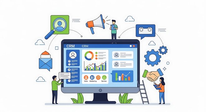 Digital Marketing and Business Analytics Dashboard Illustration with People Interacting.