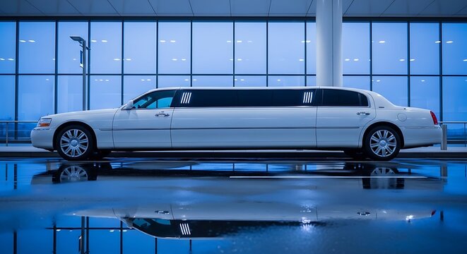 A white airport limousine parked outside a modern glass terminal building at night with a blue-toned reflection on the wet ground after a rain shower.