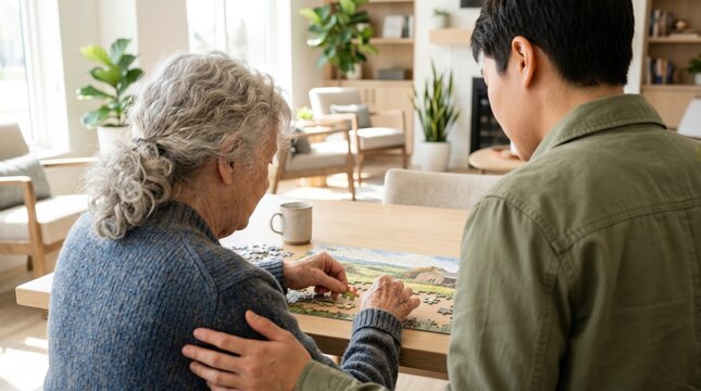 Grandmother and grandson doing jigsaw puzzle together at table, intergenerational bonding and family time concept