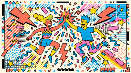 Obraz premium Energetic young couple giving a high five in a bold 1980s Memphis style illustration with lightning and patterns