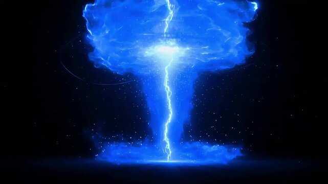 Blue energy explosion digital motion footage featuring a bright lightning strike with glowing particles and abstract shockwave visual effect