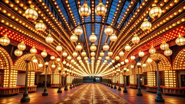 Rows of illuminated globes under the marquee as often used at entrance to theatres and casinos
