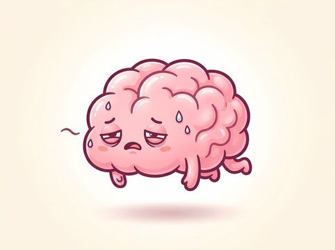 Cute cartoon tired brain character sweating and looking exhausted.