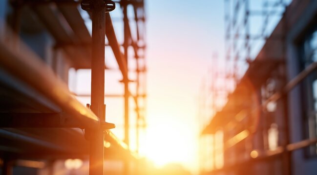 Scaffolding structure at building construction site against bright sunset sky