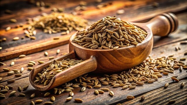 Freshly harvested cumin seeds in a wooden scoop on a rustic table