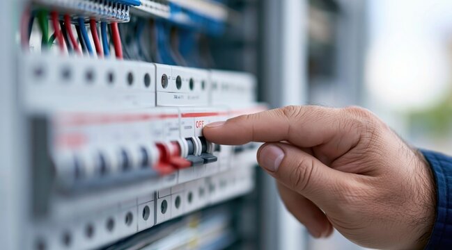 Male hand switching off circuit breaker in electrical panel