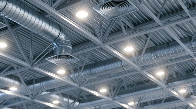 Industrial ceiling with ventilation system metal trusses and pendant lights