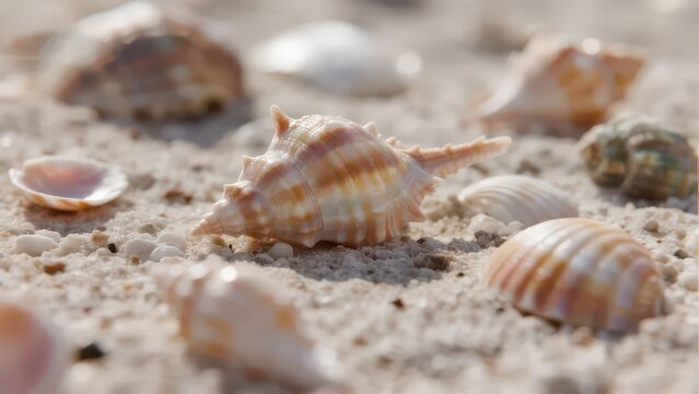 Various conch shells scatter on summer beach sand, shimmering waves set off the relaxed seaside vacation vibe.