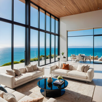 Luxury modern living room interior with large windows and ocean view