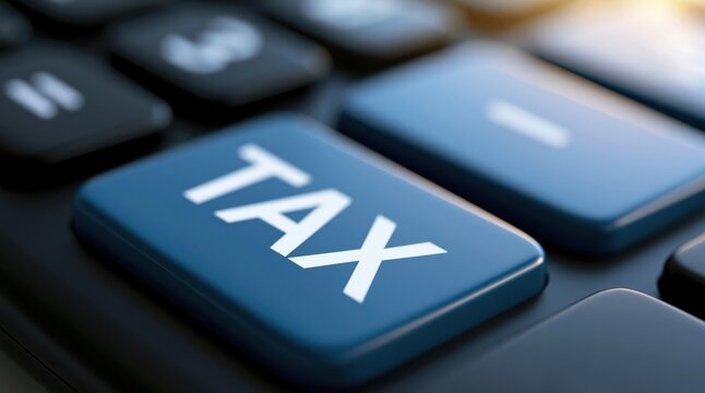 Close up of blue tax button on calculator keyboard