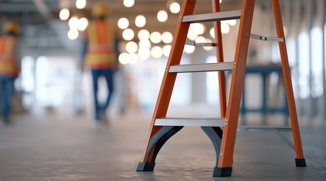 orange step ladder on construction site with blurred workers in background