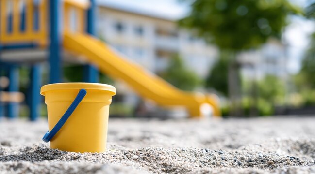 Yellow plastic bucket in sandbox at outdoor playground
