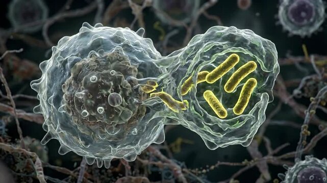 Immune cell actively engulfing harmful bacterium, demonstrating microscopic immunity defense mechanism, vital cellular protection against infectious disease, illustrating a biological process.